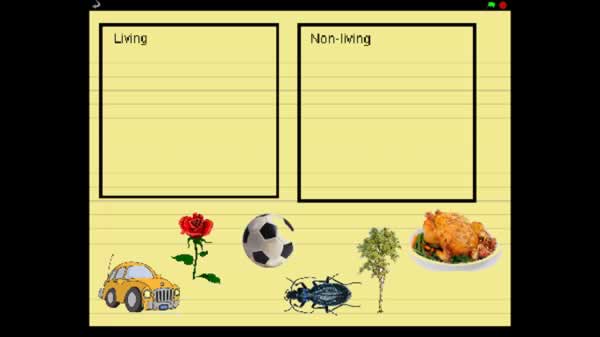 Work sheet for sorting items illustrated into living and non-living categories
